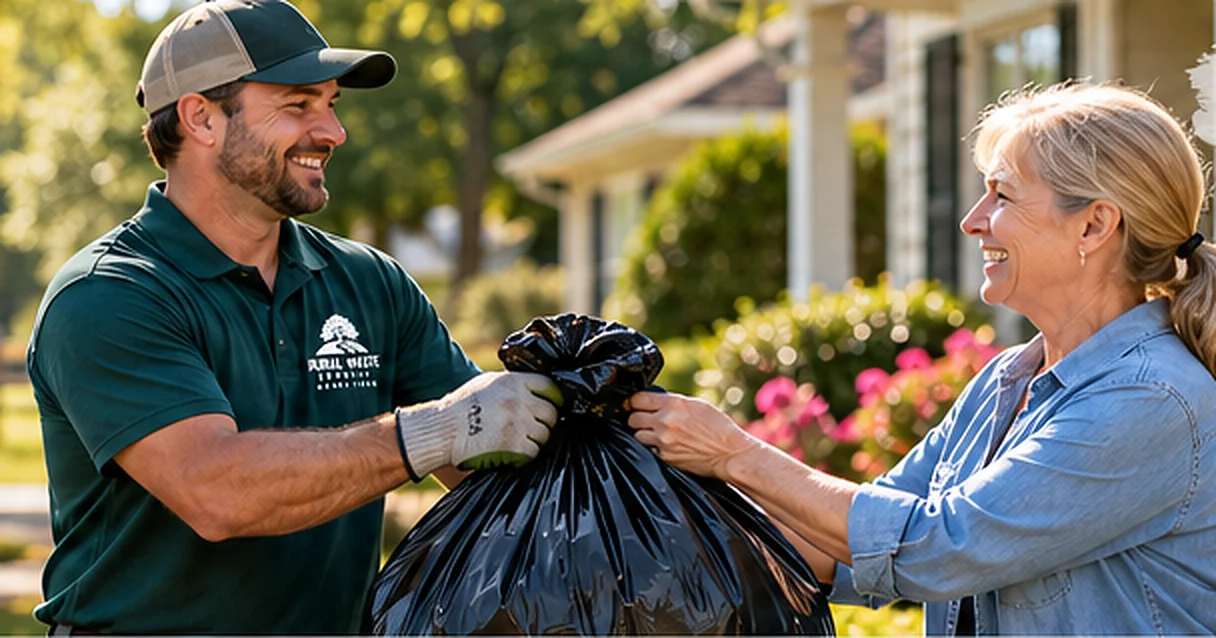 Smiling employee collecting a securely tied trash bag from a smiling customer